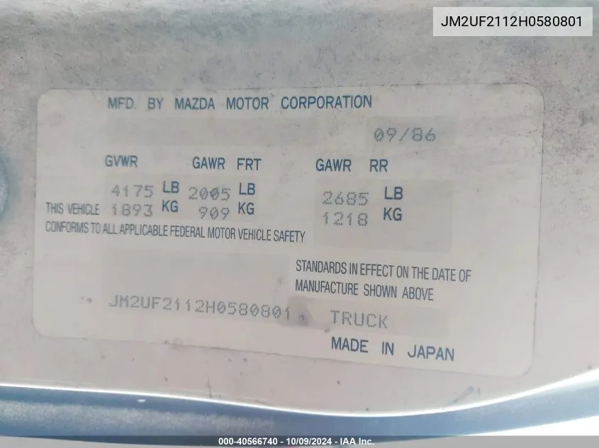 JM2UF2112H0580801 1987 Mazda B2000 Long Bed