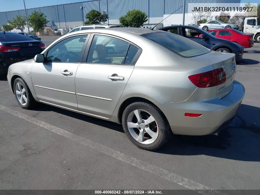 2004 Mazda Mazda3 I VIN: JM1BK32F041118927 Lot: 40060242