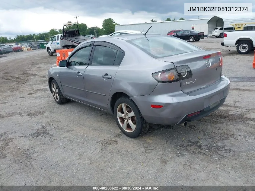 2005 Mazda Mazda3 I VIN: JM1BK32F051312374 Lot: 40250622