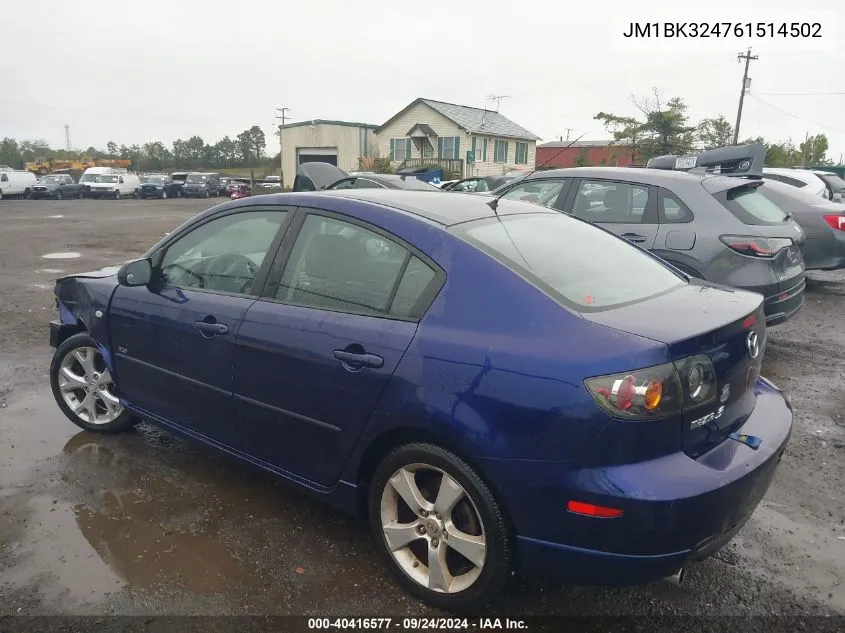 2006 Mazda 3 S VIN: JM1BK324761514502 Lot: 40416577