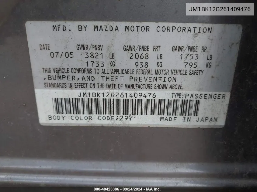 JM1BK12G261409476 2006 Mazda Mazda3 I