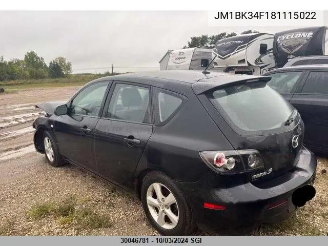 2008 Mazda 3 I VIN: JM1BK34F181115022 Lot: 30046781