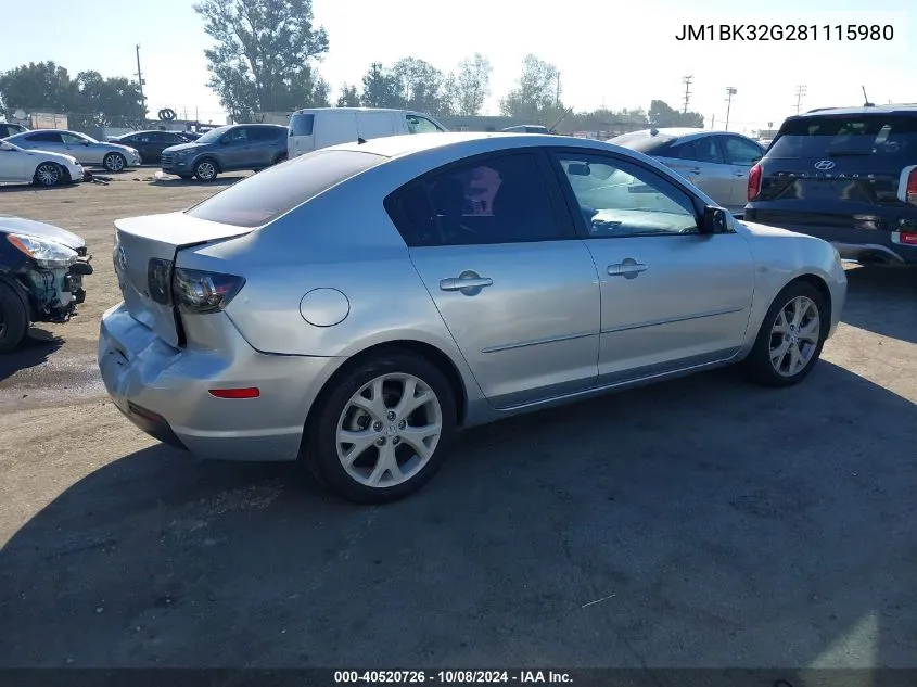 2008 Mazda 3 I VIN: JM1BK32G281115980 Lot: 40520726