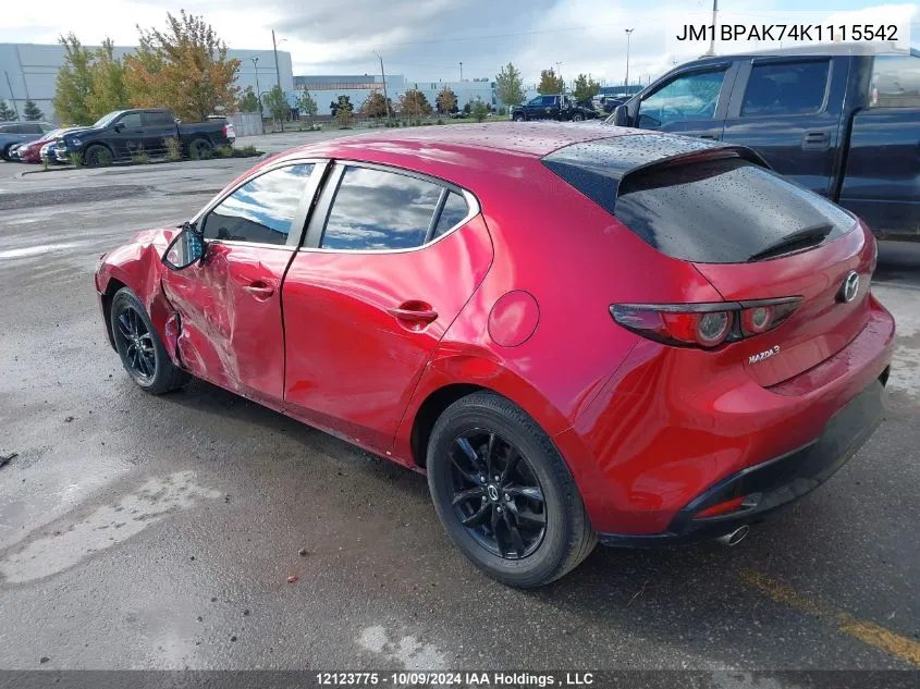 2019 Mazda Mazda3 VIN: JM1BPAK74K1115542 Lot: 12123775