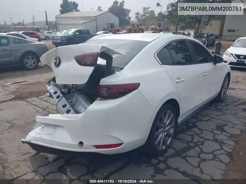 2021 Mazda Mazda3 Select VIN: 3MZBPABL0MM200751 Lot: 40611152