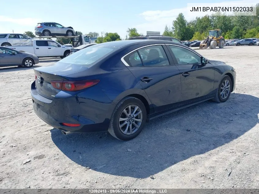 2022 Mazda Mazda3 VIN: JM1BPAB76N1502033 Lot: 12092413