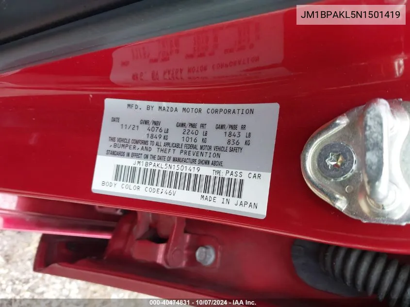 JM1BPAKL5N1501419 2022 Mazda Mazda3 Select