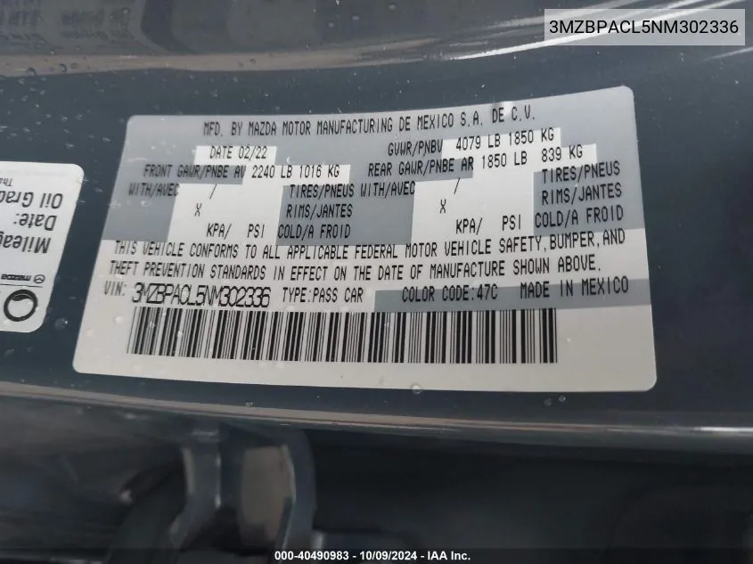 3MZBPACL5NM302336 2022 Mazda 3 Preferred