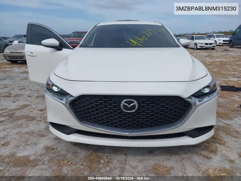 2022 Mazda Mazda3 Select VIN: 3MZBPABL8NM315230 Lot: 40600946