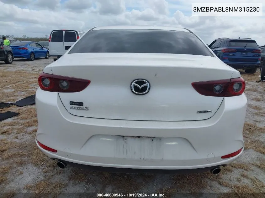 2022 Mazda Mazda3 Select VIN: 3MZBPABL8NM315230 Lot: 40600946