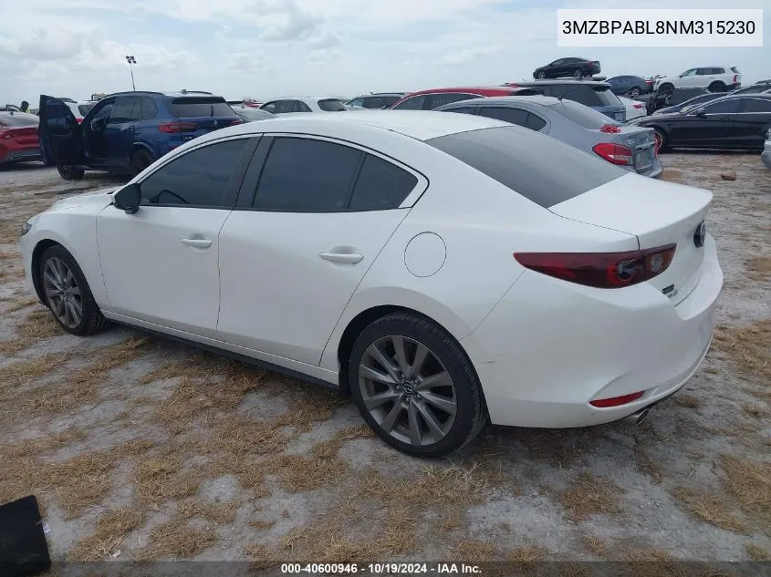 2022 Mazda Mazda3 Select VIN: 3MZBPABL8NM315230 Lot: 40600946