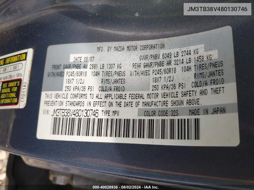 JM3TB38V480130746 2008 Mazda Cx-9 Touring