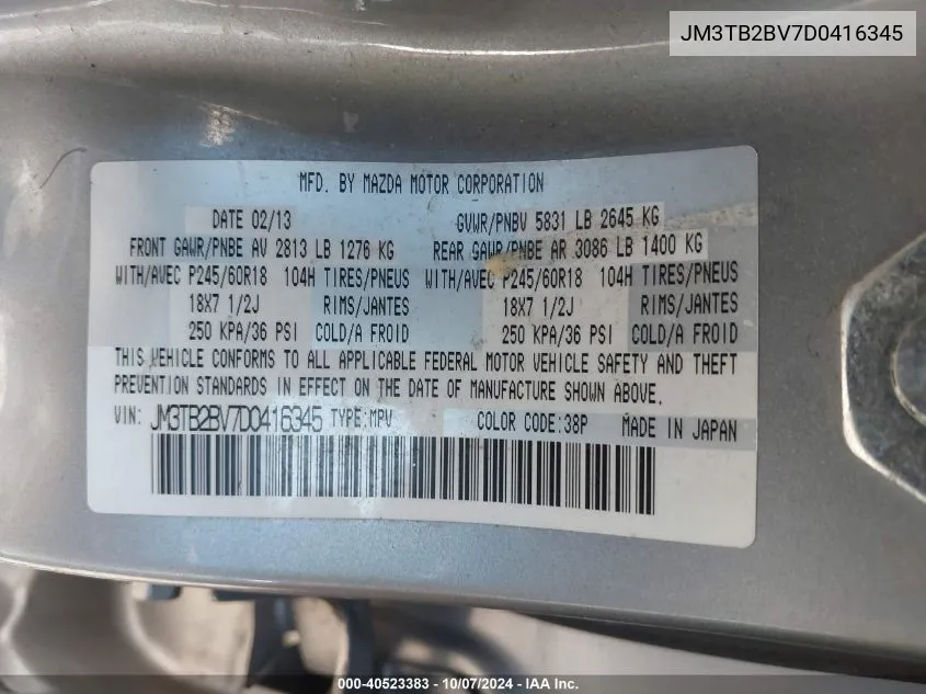 JM3TB2BV7D0416345 2013 Mazda Cx-9 Sport