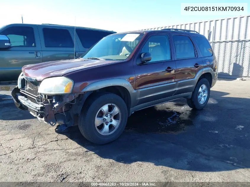 2001 Mazda Tribute Es V6/Lx V6 VIN: 4F2CU08151KM70934 Lot: 40665283