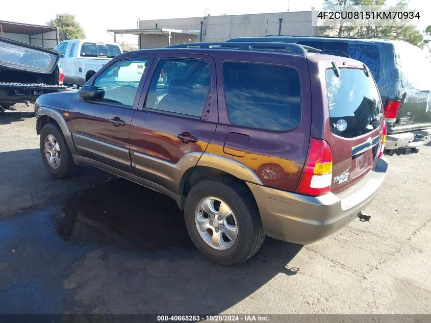 2001 Mazda Tribute Es V6/Lx V6 VIN: 4F2CU08151KM70934 Lot: 40665283