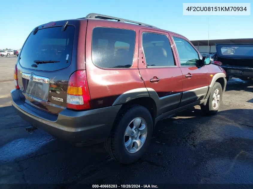 2001 Mazda Tribute Es V6/Lx V6 VIN: 4F2CU08151KM70934 Lot: 40665283