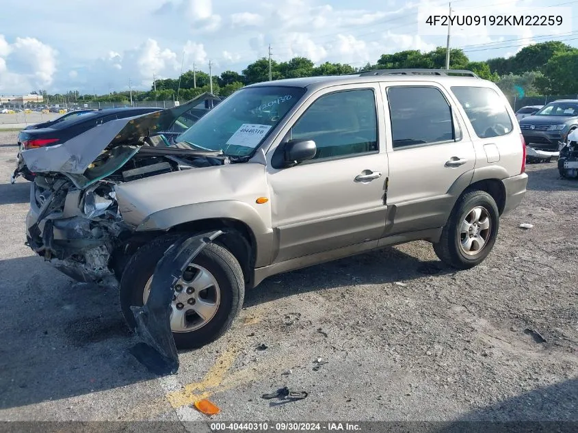 2002 Mazda Tribute Lx/Es VIN: 4F2YU09192KM22259 Lot: 40440310