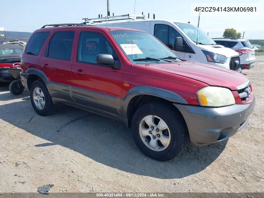 2003 Mazda Tribute Lx V6 VIN: 4F2CZ94143KM06981 Lot: 40351485