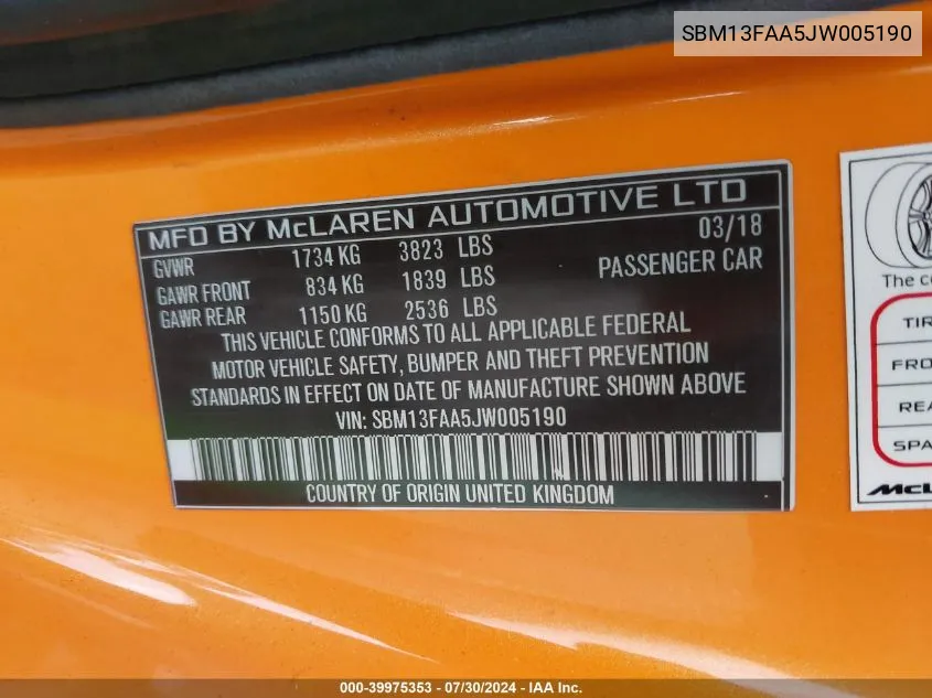 SBM13FAA5JW005190 2018 Mclaren 570S