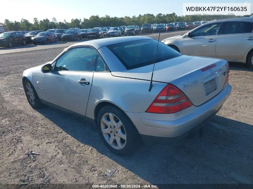 2000 Mercedes-Benz Slk 230 Kompressor VIN: WDBKK47F2YF160635 Lot: 40203860