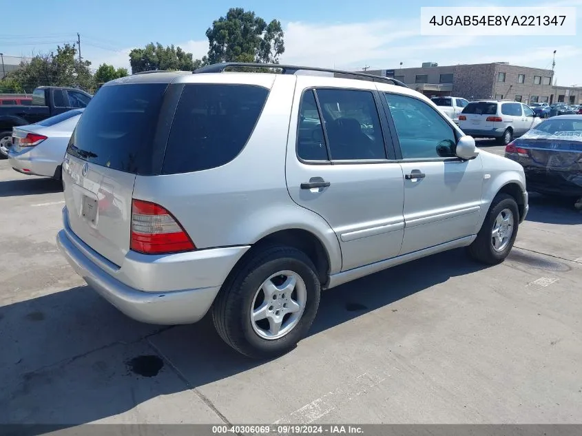 2000 Mercedes-Benz Ml 320 VIN: 4JGAB54E8YA221347 Lot: 40306069