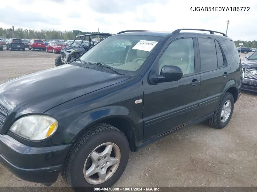 2000 Mercedes-Benz Ml 320 VIN: 4JGAB54E0YA186772 Lot: 40476908