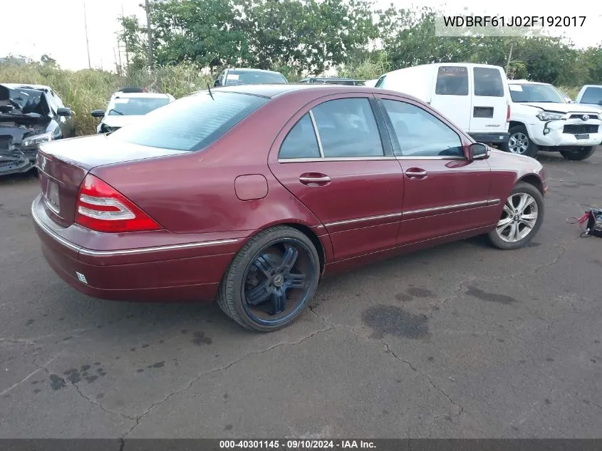 2002 Mercedes-Benz C 240 VIN: WDBRF61J02F192017 Lot: 40301145