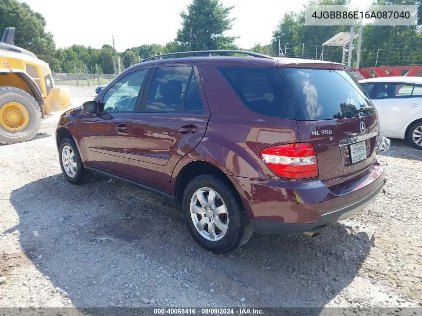 2006 Mercedes-Benz Ml 350 4Matic VIN: 4JGBB86E16A087040 Lot: 40068416