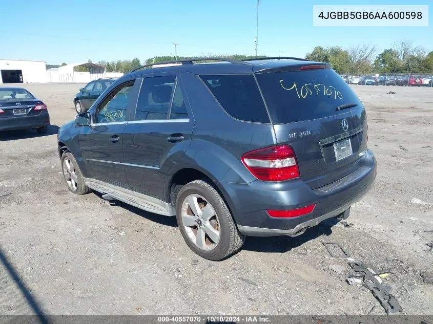 2010 Mercedes-Benz Ml 350 VIN: 4JGBB5GB6AA600598 Lot: 40557070