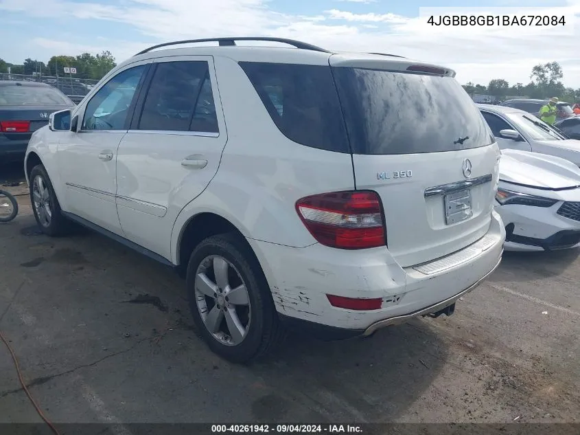 2011 Mercedes-Benz Ml 350 4Matic VIN: 4JGBB8GB1BA672084 Lot: 40261942