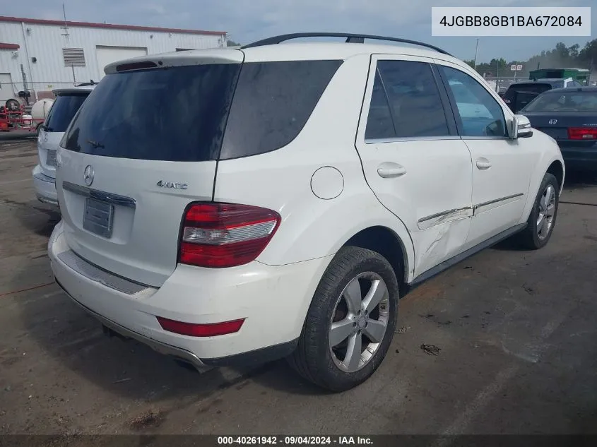 2011 Mercedes-Benz Ml 350 4Matic VIN: 4JGBB8GB1BA672084 Lot: 40261942