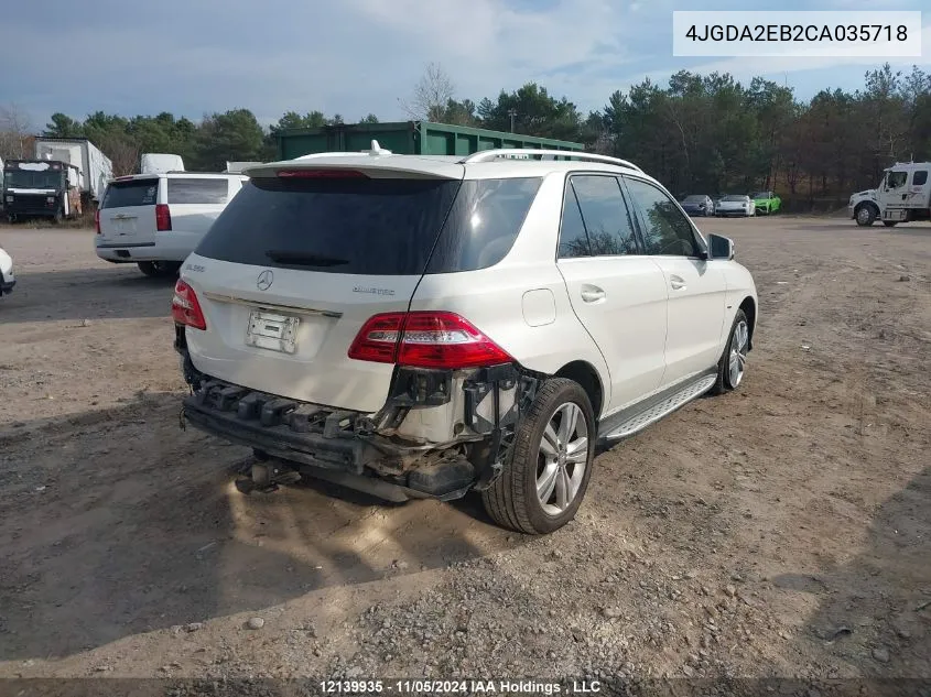 2012 Mercedes-Benz Ml-Class VIN: 4JGDA2EB2CA035718 Lot: 12139935