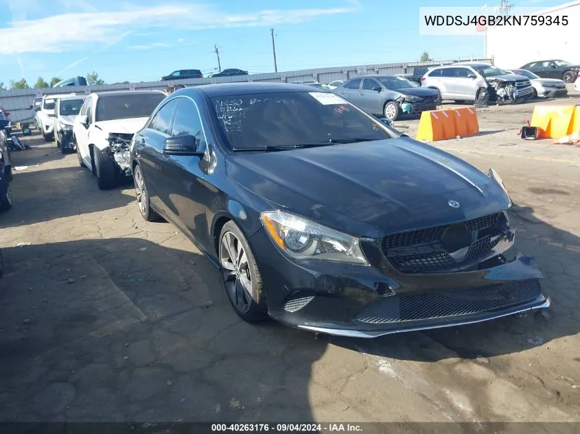 2019 Mercedes-Benz Cla 250 250 4Matic VIN: WDDSJ4GB2KN759345 Lot: 40263176