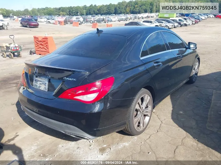 2019 Mercedes-Benz Cla 250 250 4Matic VIN: WDDSJ4GB2KN759345 Lot: 40263176