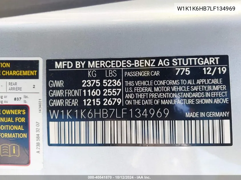 2020 Mercedes-Benz E 450 VIN: W1K1K6HB7LF134969 Lot: 40541870