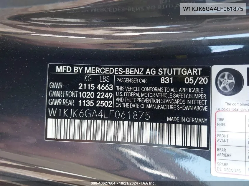 2020 Mercedes-Benz Sl 450 450 VIN: W1KJK6GA4LF061875 Lot: 40627684