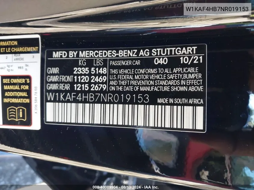 2022 Mercedes-Benz C 300 4Matic VIN: W1KAF4HB7NR019153 Lot: 40089904