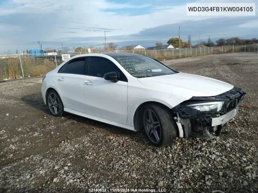 2019 Mercedes-Benz A-Class VIN: WDD3G4FB1KW004105 Lot: 12140632