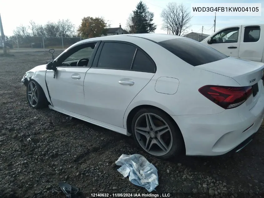 2019 Mercedes-Benz A-Class VIN: WDD3G4FB1KW004105 Lot: 12140632