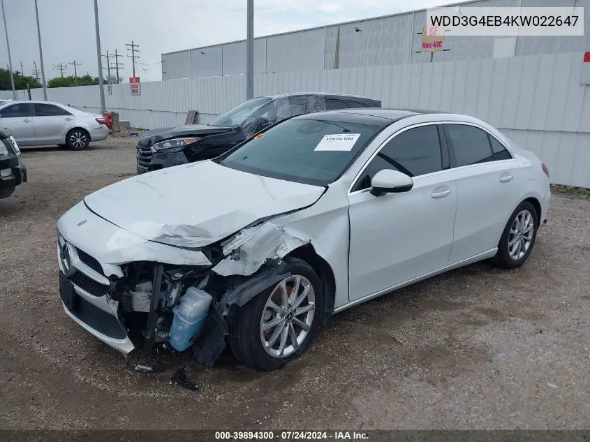 2019 Mercedes-Benz A 220 VIN: WDD3G4EB4KW022647 Lot: 39894300