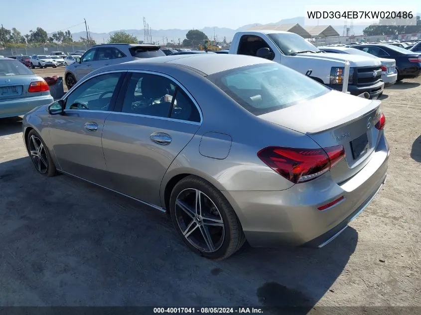 2019 Mercedes-Benz A 220 VIN: WDD3G4EB7KW020486 Lot: 40017041