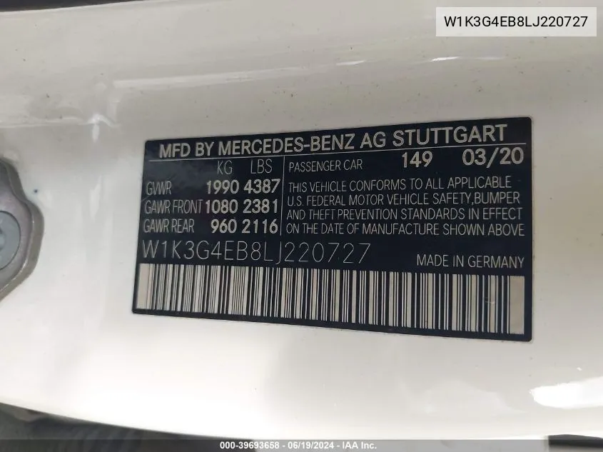 2020 Mercedes-Benz A 220 VIN: W1K3G4EB8LJ220727 Lot: 39693658