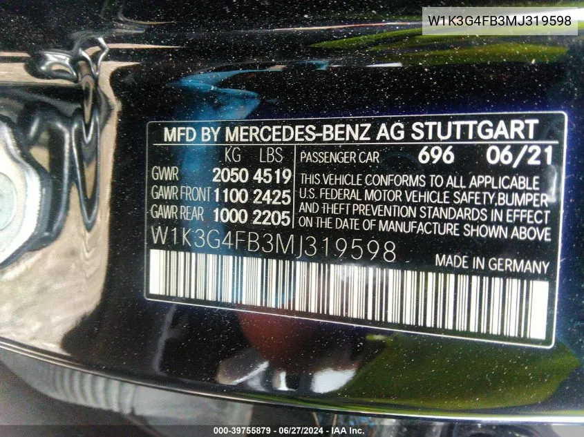 2021 Mercedes-Benz A 220 4Matic VIN: W1K3G4FB3MJ319598 Lot: 39755879