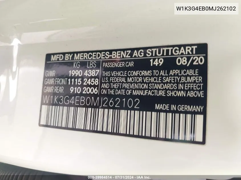 2021 Mercedes-Benz A 220 VIN: W1K3G4EB0MJ262102 Lot: 39984514