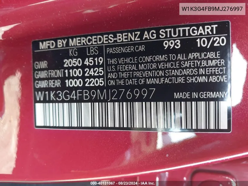 2021 Mercedes-Benz A 220 4Matic VIN: W1K3G4FB9MJ276997 Lot: 40131067