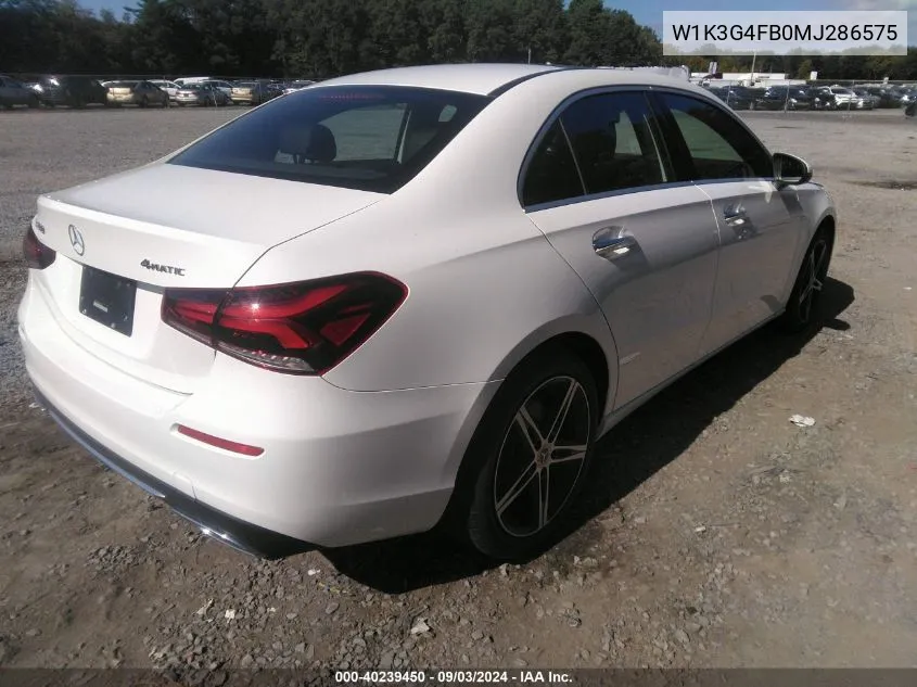 2021 Mercedes-Benz A 220 4Matic VIN: W1K3G4FB0MJ286575 Lot: 40239450