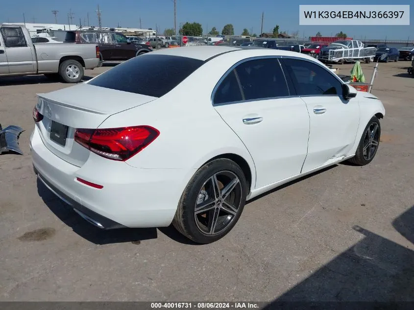 2022 Mercedes-Benz A 220 VIN: W1K3G4EB4NJ366397 Lot: 40016731