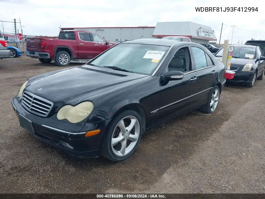 2003 Mercedes-Benz C-Class 2.6L VIN: WDBRF81J93F412994 Lot: 40755290