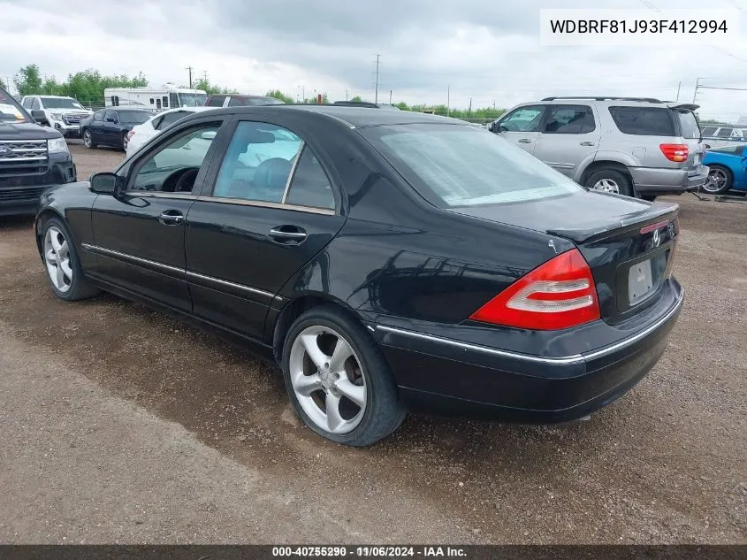 2003 Mercedes-Benz C-Class 2.6L VIN: WDBRF81J93F412994 Lot: 40755290