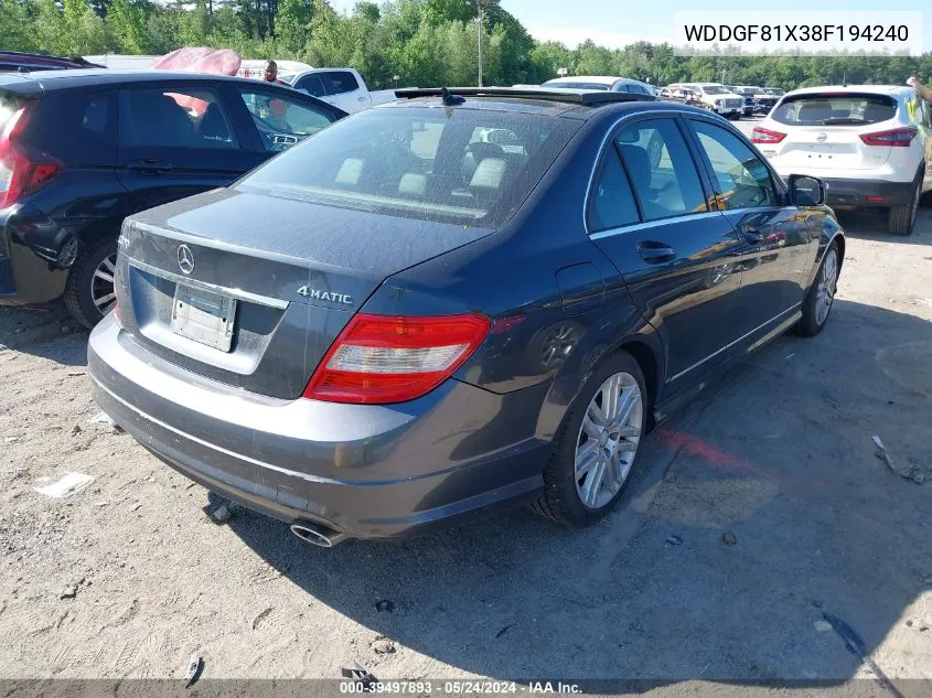 2008 Mercedes-Benz C 300 Luxury 4Matic/Sport 4Matic VIN: WDDGF81X38F194240 Lot: 39497893